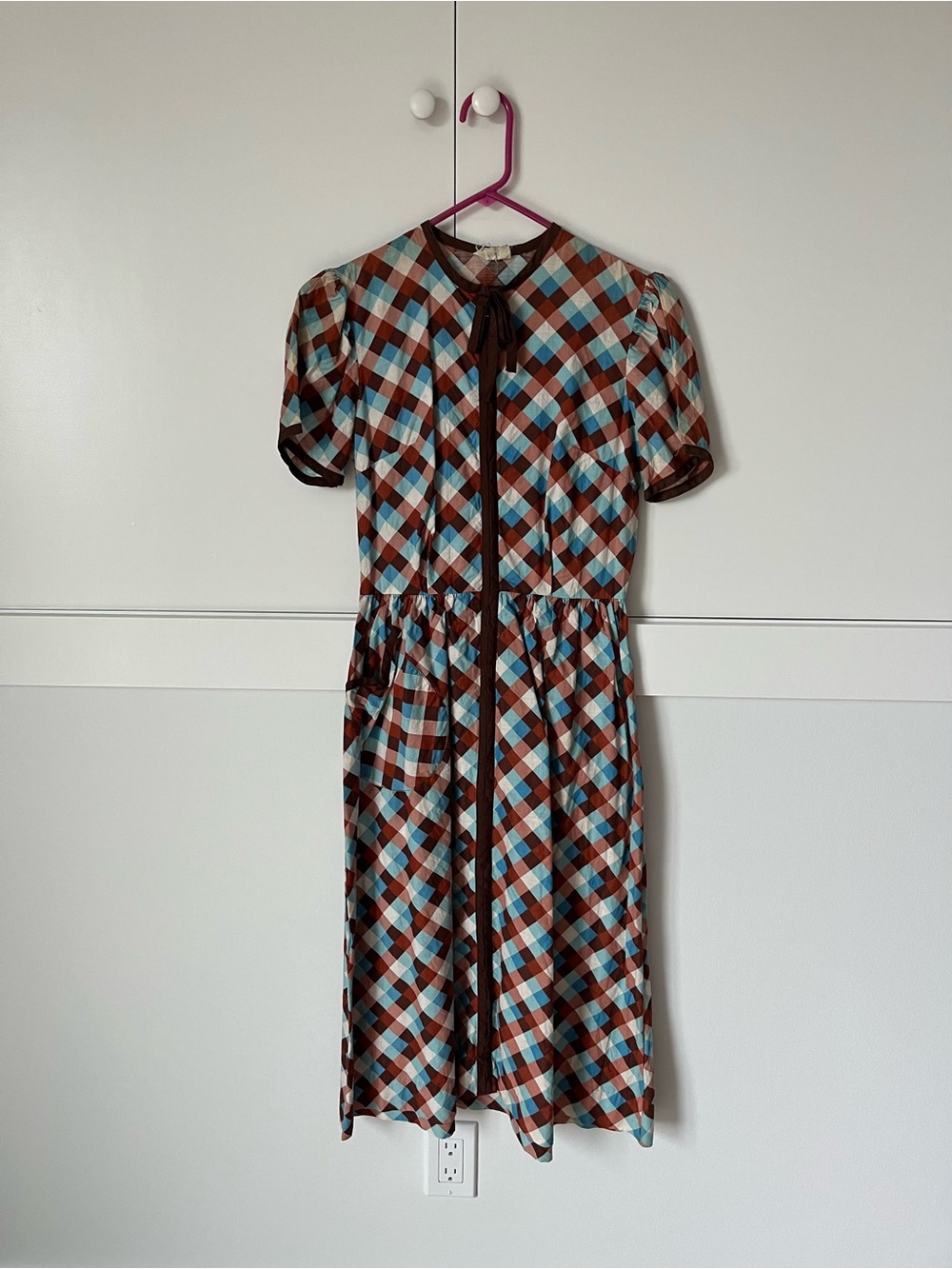 Vintage Classic Plaid Short-Sleeve Midi Dress in Brown & Blue